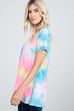 SHORT SLEEVE V NECK MULTICOLOR NEON TIE DYE PRINT TOP  - NEON PINK/MULTI-CUT