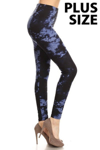 Plus size tie dye printed, full length, high waisted leggings - Navy & Black Tiedye