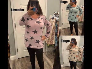 STAR PRINT SWEATER KNIT TOP - Lavender, Sage or Taupe