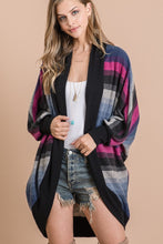 BRUSHED MULTI COLOR STRIPED OPEN CARDIGAN WITH LONG DOLMAN SLEEVES AND CURVED HEM - Magent Multi or Olive Multi