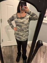 CAMOUFLAGE PRINT ROUND NECKLINE LONG SLEEVE TOP WITH CUTOUT SHOULDER DETAIL- ARMY GREY or ARMY OLIVE