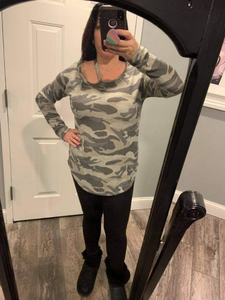 CAMOUFLAGE PRINT ROUND NECKLINE LONG SLEEVE TOP WITH CUTOUT SHOULDER DETAIL- ARMY GREY or ARMY OLIVE