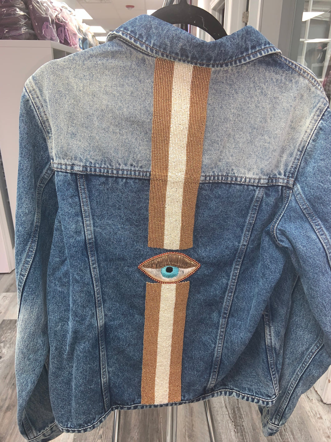 Denim Jacket w/ Hand Beaded Embroidery- Evil Eye