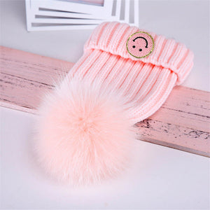 Solid Ribbed Smiley Face Hat w/ Removable PomPom