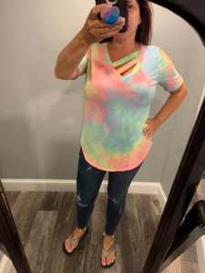 TIE DYE TERRY V NECK TOP WITH DOUBLE STRAP - charcoal tie dye or pastel tie-dye