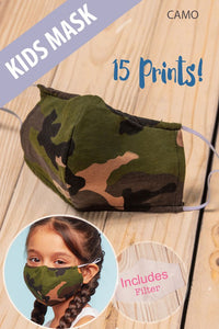 KIDS COTTON FACE MASK ADJUSTABLE BREATHABLE FILTER - GREEN CAMO