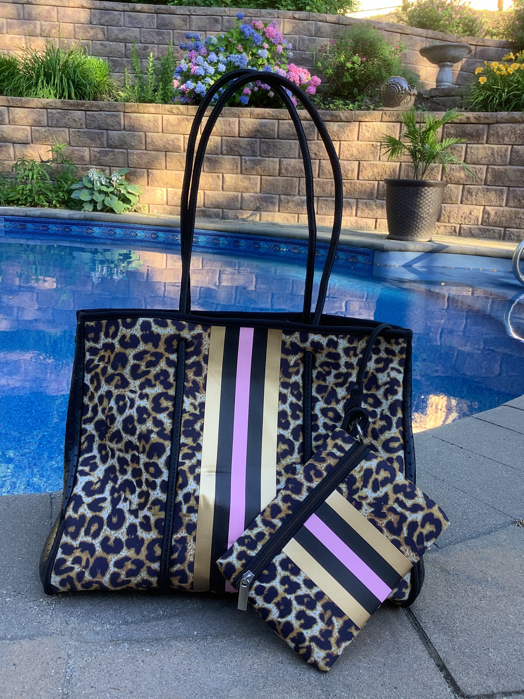 Leopard Neoprene Tote with Rose-gold & Pink Stripe