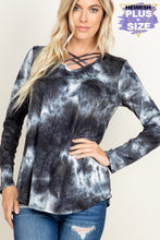 LONG SLEEVE CRISSCROSS V NECK ROUND HEM TIE DYE PRINT TOP PLUS SIZE - BLACK/IVORY, BLACK/BURGUNDY or BLACK/TEAL