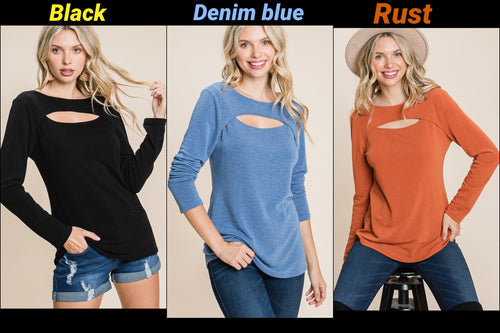 Solid Cut Out Long Sleeve Top - Assorted Colors