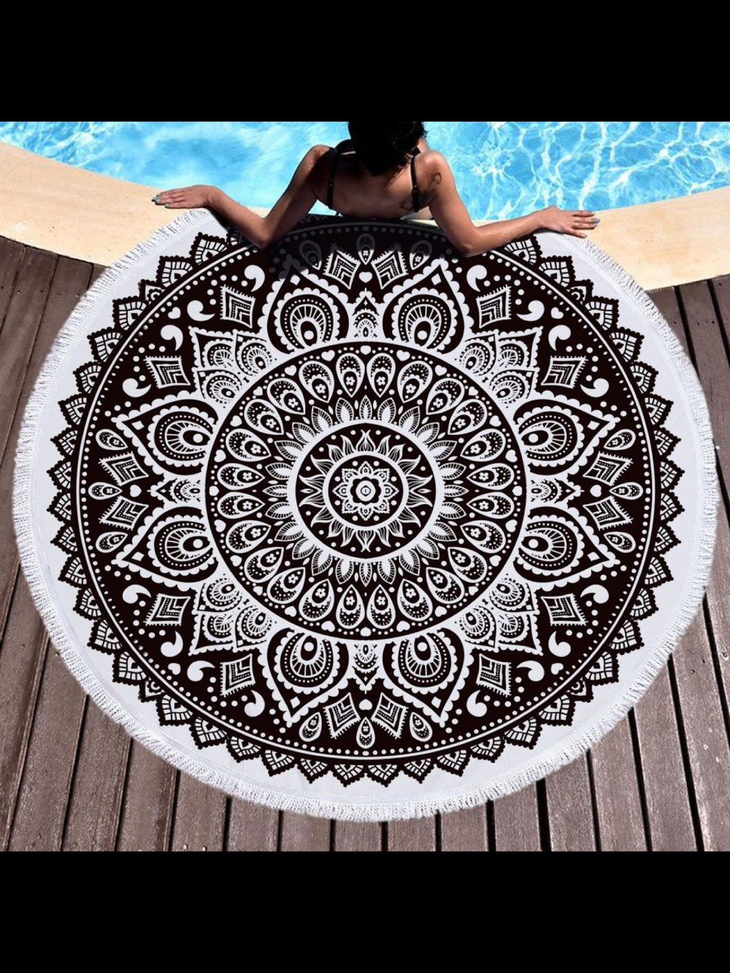 Mandela round beach blanket/towel microfiber yoga mat with tassels multi/purpose Beach blanket with tassels  - Black/White