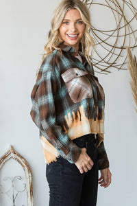 Bleached hem double pockets front detail cropped plaids shirt