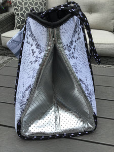 Snakeskin Neoprene Tote With Grey Stripe & Silver Side Panels