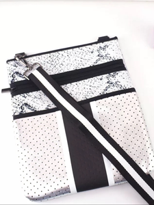 Silver Neoprene Crossbody with Snake Detail and Black/White stripe