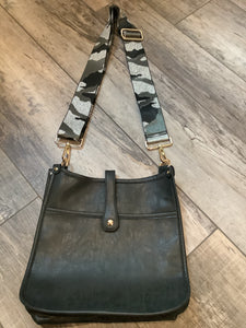 Black Vintage Vegan Leather Messenger Bag with Camo Black/Grey/Metallic Silver Strap