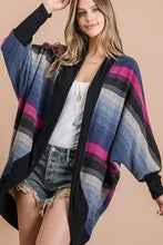 BRUSHED MULTI COLOR STRIPED OPEN CARDIGAN WITH LONG DOLMAN SLEEVES AND CURVED HEM - Magent Multi or Olive Multi