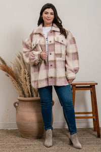 PLUS PLAID SHERPA JACKET - LIGHT PINK OR LIGHT GREY MULTI