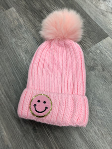 Solid Ribbed Smiley Face Hat w/ Removable PomPom