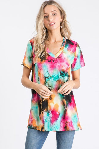 SHORT SLEEVE V NECK MULTI PRINT TOP