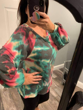 TIE DYE PRINT TERRY TOP WITH PUFF SLEEVES - FUCHSIA/CHARCOAL or FUCHSIA/DENIM