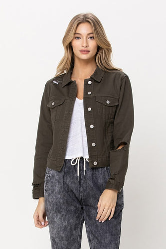 VERVET BY FLYING MONKEY  DISTRESSED OLIVE CLASSIC FIT JACKET