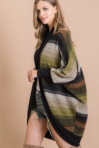 BRUSHED MULTI COLOR STRIPED OPEN CARDIGAN WITH LONG DOLMAN SLEEVES AND CURVED HEM - Magent Multi or Olive Multi