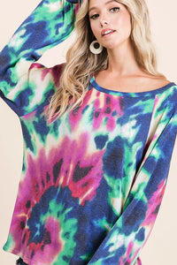 TIE DYE PRINT TERRY TOP WITH PUFF SLEEVES - FUCHSIA/CHARCOAL or FUCHSIA/DENIM