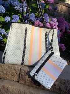 White with Pastel Stripe Neoprene Tote