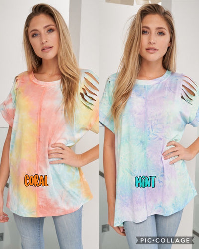 White Birch short sleeve tie dye knit top with a round neck featuring a loose fit and a cut out detail - MINT or  CORAL. CLEARANCE FINAL SALE!