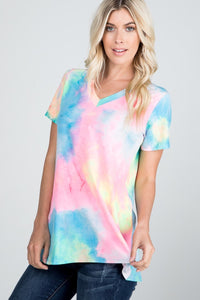 SHORT SLEEVE V NECK MULTICOLOR NEON TIE DYE PRINT TOP  - NEON PINK/MULTI-CUT