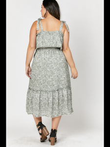 PRINTED SMOCKED RUFFLE MIDI DRESS - LIGHT OLIVE