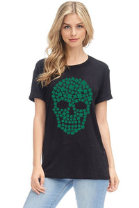 🍀 CLOVER SKULL ST PATRICK'S DAY GRAPHIC, ROUND NECK TEE - Charcoal or Black