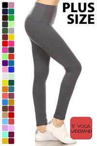 Plus size solid, high waisted 5-inch wideband leggings in a fitted style, with an elastic waistband - Black