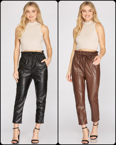 FAUX LEATHER CARGO PANTS WITH POCKETS - BLACK OR BROWN