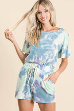 TIE DYE TEXTURED KNIT TOP WITH GATHERED SHORT SLEEVES - PASTEL BLUE or PASTEL GREEN.