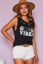 Distressed 'GOOD VIBES' Graphic Tank Top - Black