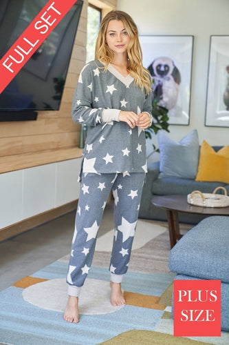 A Plus star print knit matching two piece set with a long sleeve top and pants featuring side pockets and a loose fit - Charcoal