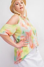 PLUS ROUND NECK TIE DYE FRENCH TERRY TOP WITH CRISS CROSS DETAILED COLD SHOULDER SLEEVES - CORAL/LIME