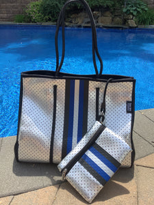 Silver Metallic Neoprene Tote with Blue & Black Stripe 💙🤍🖤