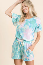 TIE DYE TEXTURED KNIT TOP WITH GATHERED SHORT SLEEVES - PASTEL BLUE or PASTEL GREEN.