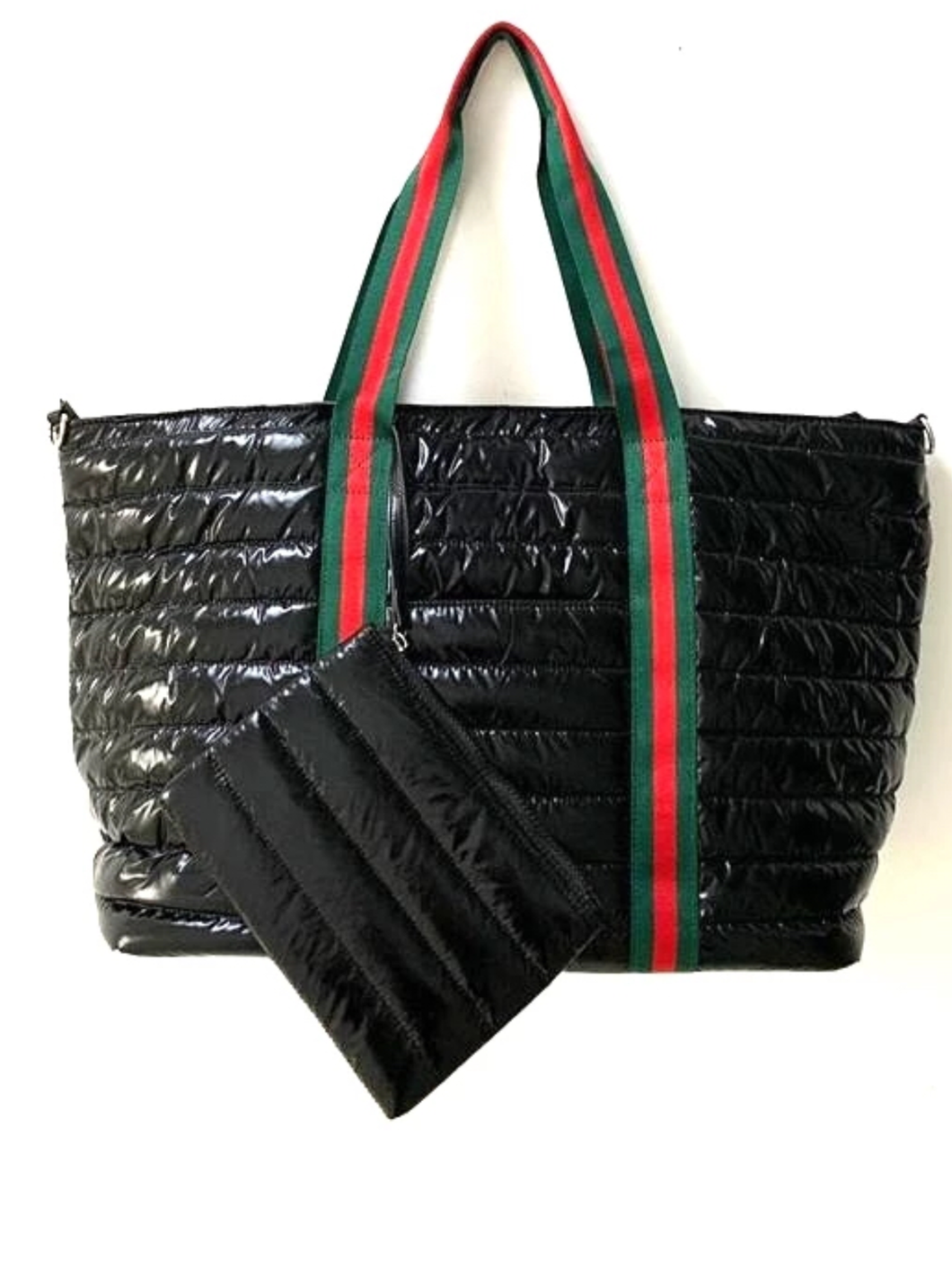 Black Metallic Puffer Nylon Tote with Green & Red Stripe