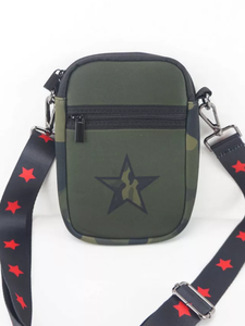 GREEN WITH CAMO STAR MULTI ZIPPER NEOPRENE PHONE HOLDER W/1.25" STAR STRAP