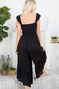 SOLID SMOCKED JUMPSUIT - BLACK