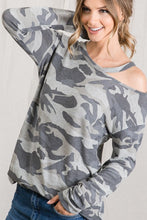 CAMOUFLAGE PRINT ROUND NECKLINE LONG SLEEVE TOP WITH CUTOUT SHOULDER DETAIL- ARMY GREY or ARMY OLIVE