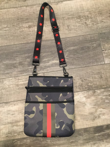 Green Camo Neoprene Crossbody with Red & Black Stripe