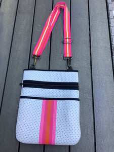 White Neoprene Crossbody with Pink & Orange stripe 🧡💗