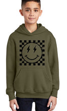 Retro Checkerboard Lightening Smiley Youth Fleece - Olive Or Woodland Brown