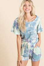 TIE DYE TEXTURED KNIT TOP WITH GATHERED SHORT SLEEVES - PASTEL BLUE or PASTEL GREEN.