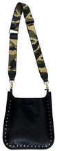 AHDORNED BLACK VEGAN MESSENGER W/GOLD STUDS & GOLD CAMO 2" ADJUSTABLE STRAP