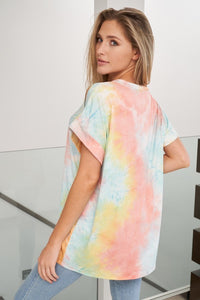 White Birch short sleeve tie dye knit top with a round neck featuring a loose fit and a cut out detail - MINT or  CORAL. CLEARANCE FINAL SALE!