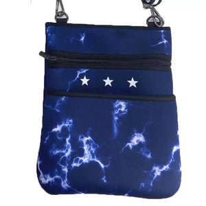 Blue and white tie-dye neoprene crossbody with white stars